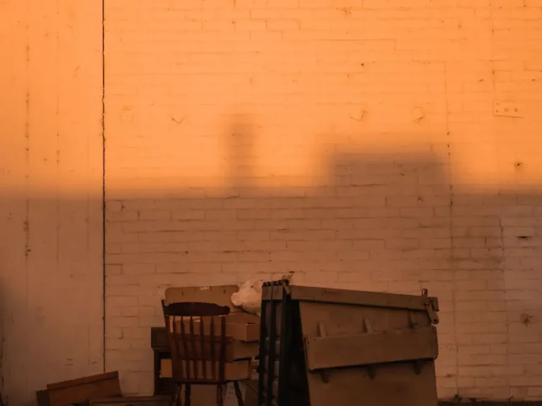An armchair and cardboard boxes left beside a dumpster