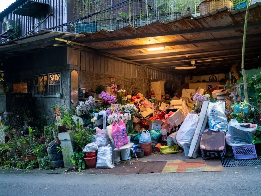 A garage packed with stored household belongings